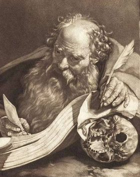 Apostle Paul reading by candlelight