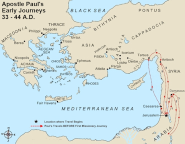 Apostle Paul's Early Journeys Small Map