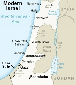 Map of modern Israel showing Gaza Strip