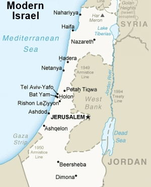 Map of modern Israel showing occupied lands