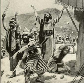 Joshua, Caleb and Moses threatened with stoning